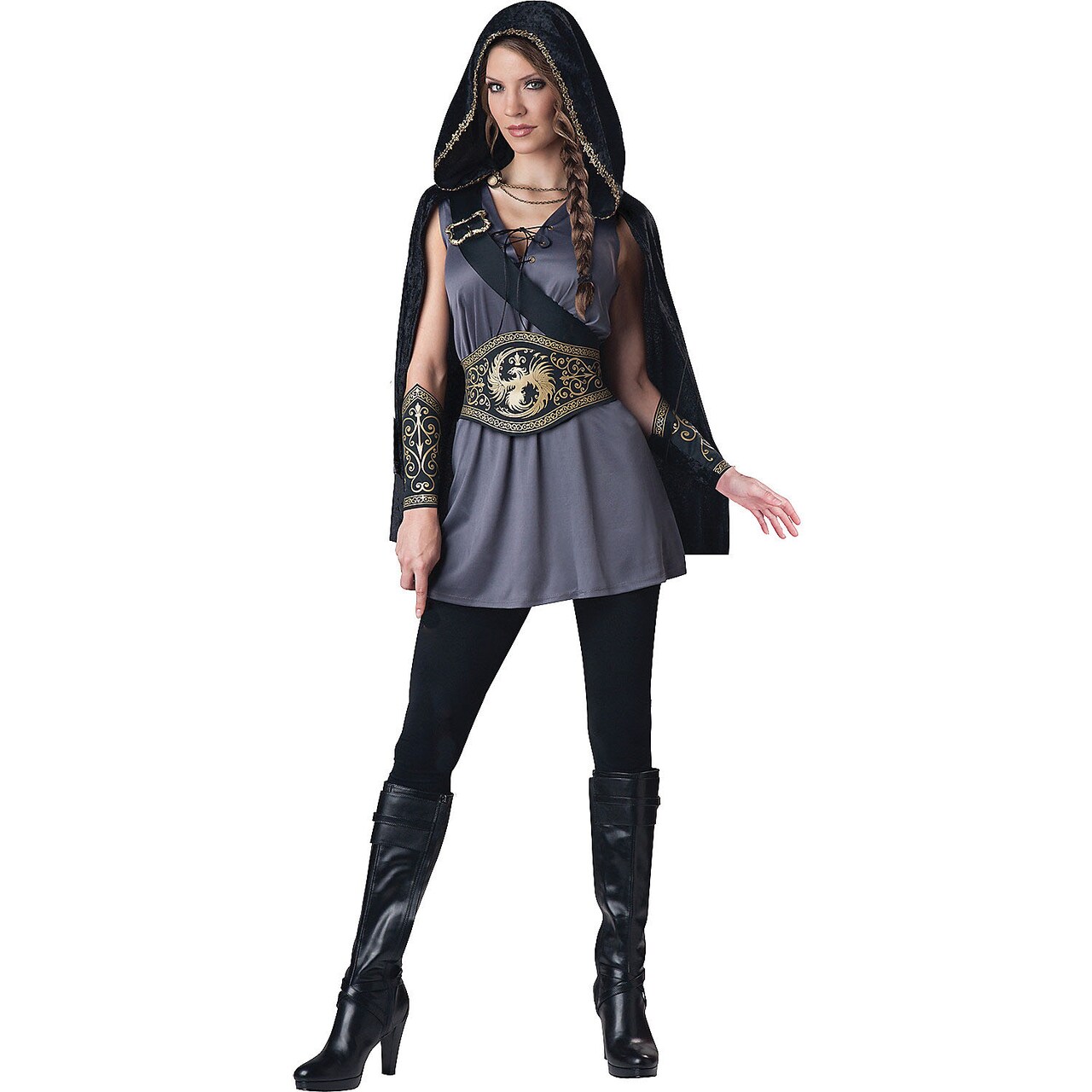 Women's Huntress Halloween Costume Black Hooded Cape Tunic Dress Outfit